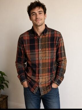 Express Men's Plaid Button-Down Shirt - Brown, Navy & Rust